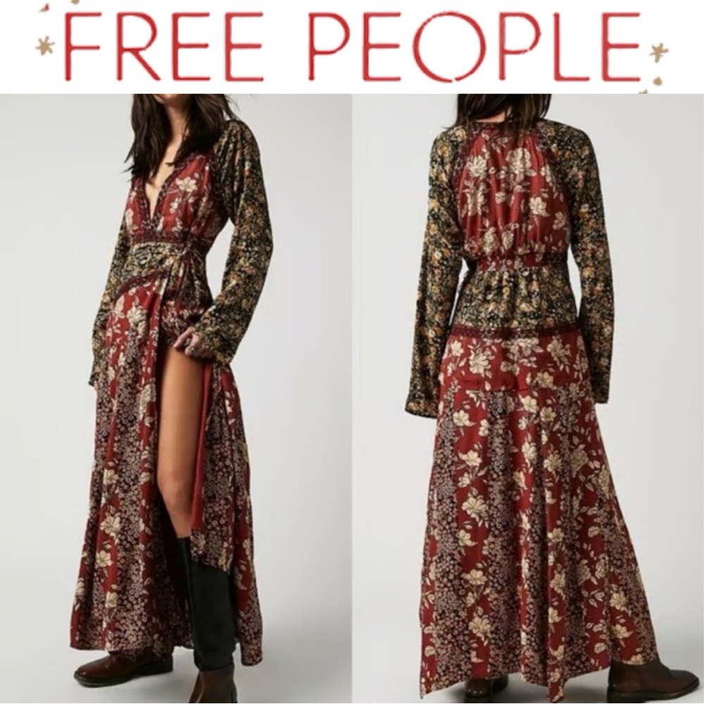 FREE PEOPLE TILDA FLORAL PATCHWORK MAXI DRESS NWT BOHO LACE WRAP BELL SLEEVES